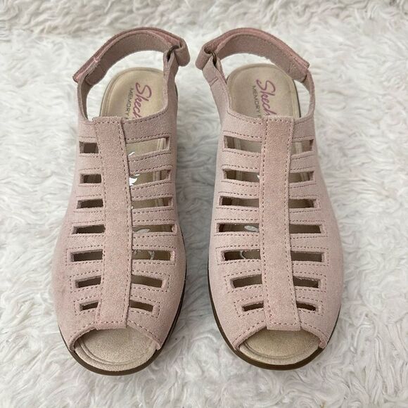 Skechers Light Pink Suede Strappy Cage Sandals wedge Heel slingback size 7 - Picture 2 of 9